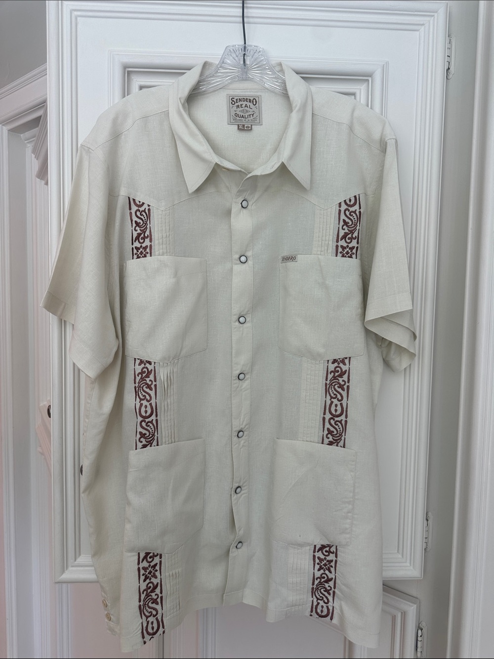 Men's Cream Short-Sleeve Embroidered Guayabera Casual Shirt